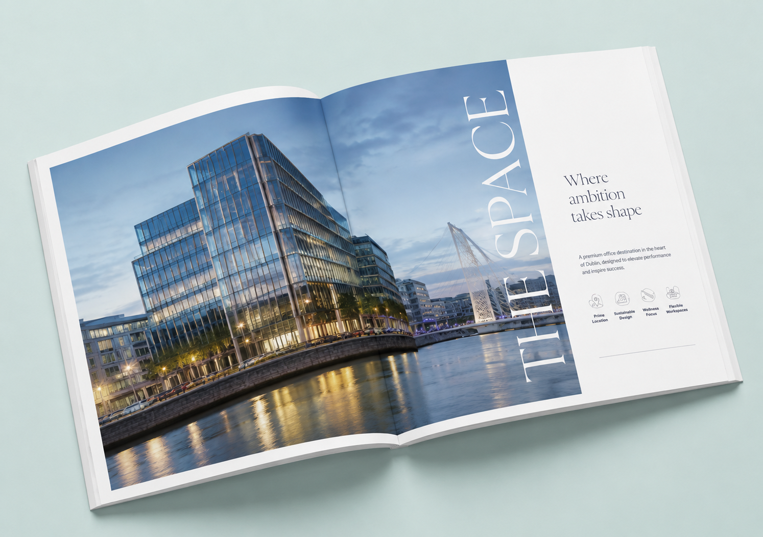 Commercial property brochure spread titled The Space showing a dusk CGI of a premium Dublin docklands office building with amenity icons and editorial typography, designed by Pixelo Design