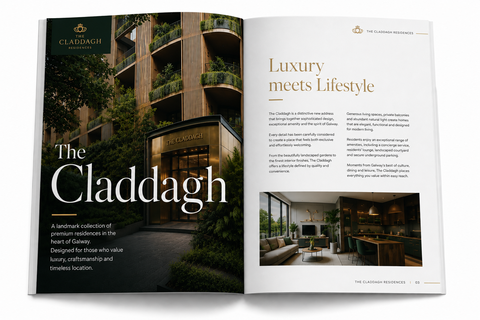 Open property brochure spread for a premium Galway residential development, showing architectural photography, interiors and elegant editorial typography designed by Pixelo