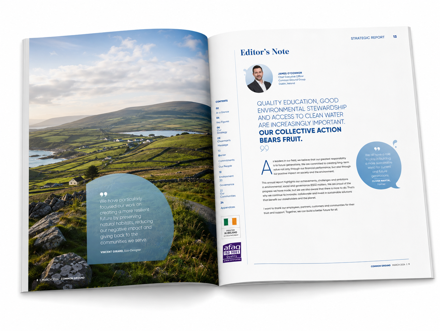Annual report design for Irish organisations — open annual report spread with Irish landscape photography and editor's note designed by Pixelo Design
