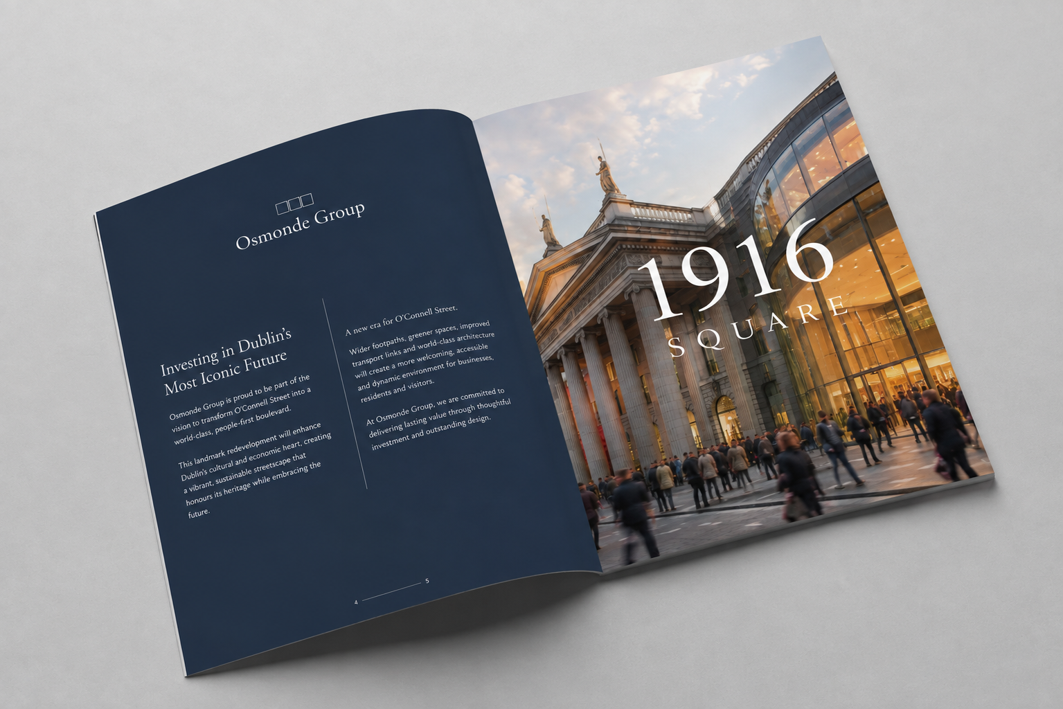 Property brochure spread for Osmonde Group's 1916 Square, Dublin — navy text page facing a dusk photograph of the GPO colonnade and new glazed retail frontage on O'Connell Street, designed by Pixelo Design