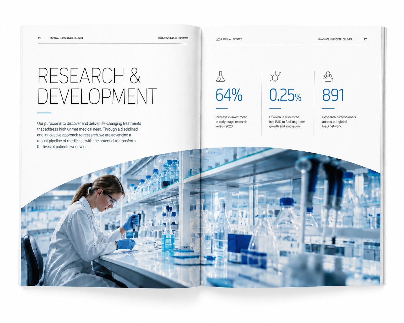 Open pharmaceutical brochure spread with research and development statistics, laboratory photography and clean editorial layout designed by Pixelo Design