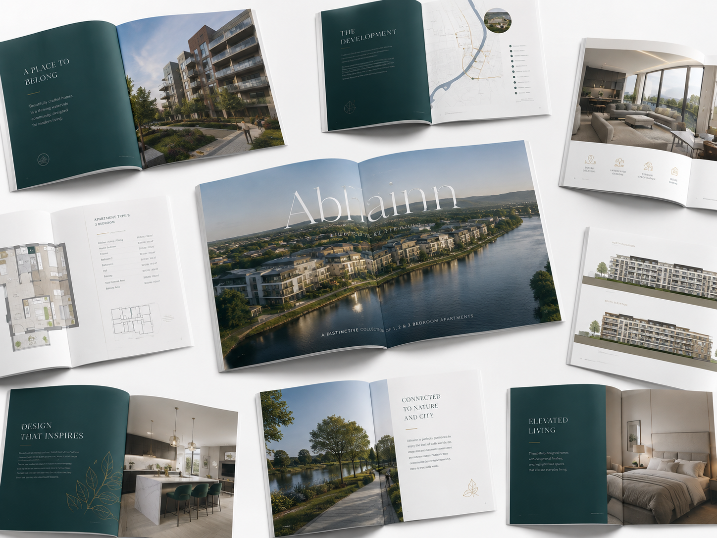 Property brochure layout spreads for a riverside residential development showing cover, floor plans, elevations and interior photography designed by Pixelo Design