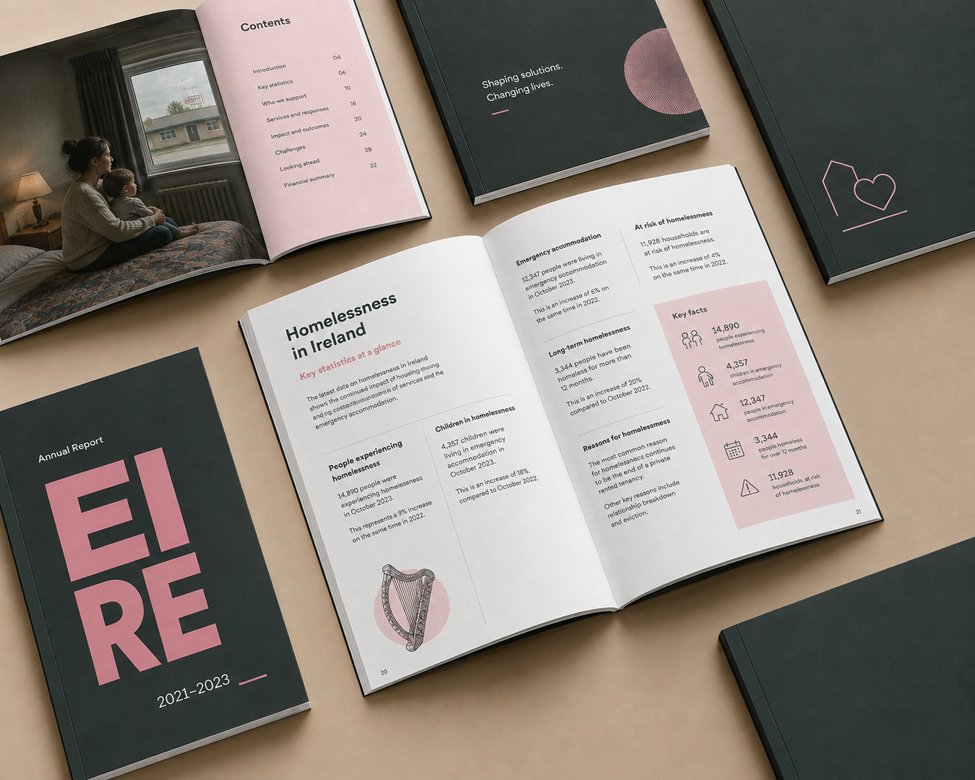Annual report design for a homelessness organisation showing contents, key statistics and data visualisation spreads, designed by Pixelo Design in Ireland