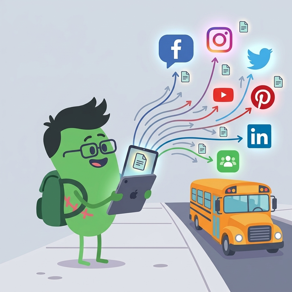 Animated explainer illustration showing a character sharing a document across social media and digital channels, by Pixelo Design