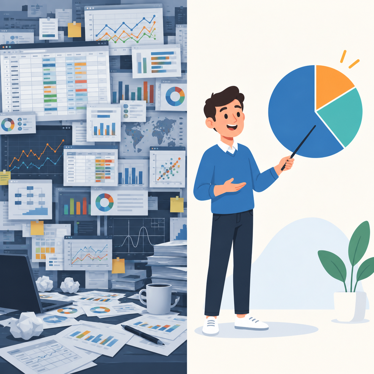 Illustration showing complex data and spreadsheets transformed into a clear, simple pie-chart explanation by Pixelo Design
