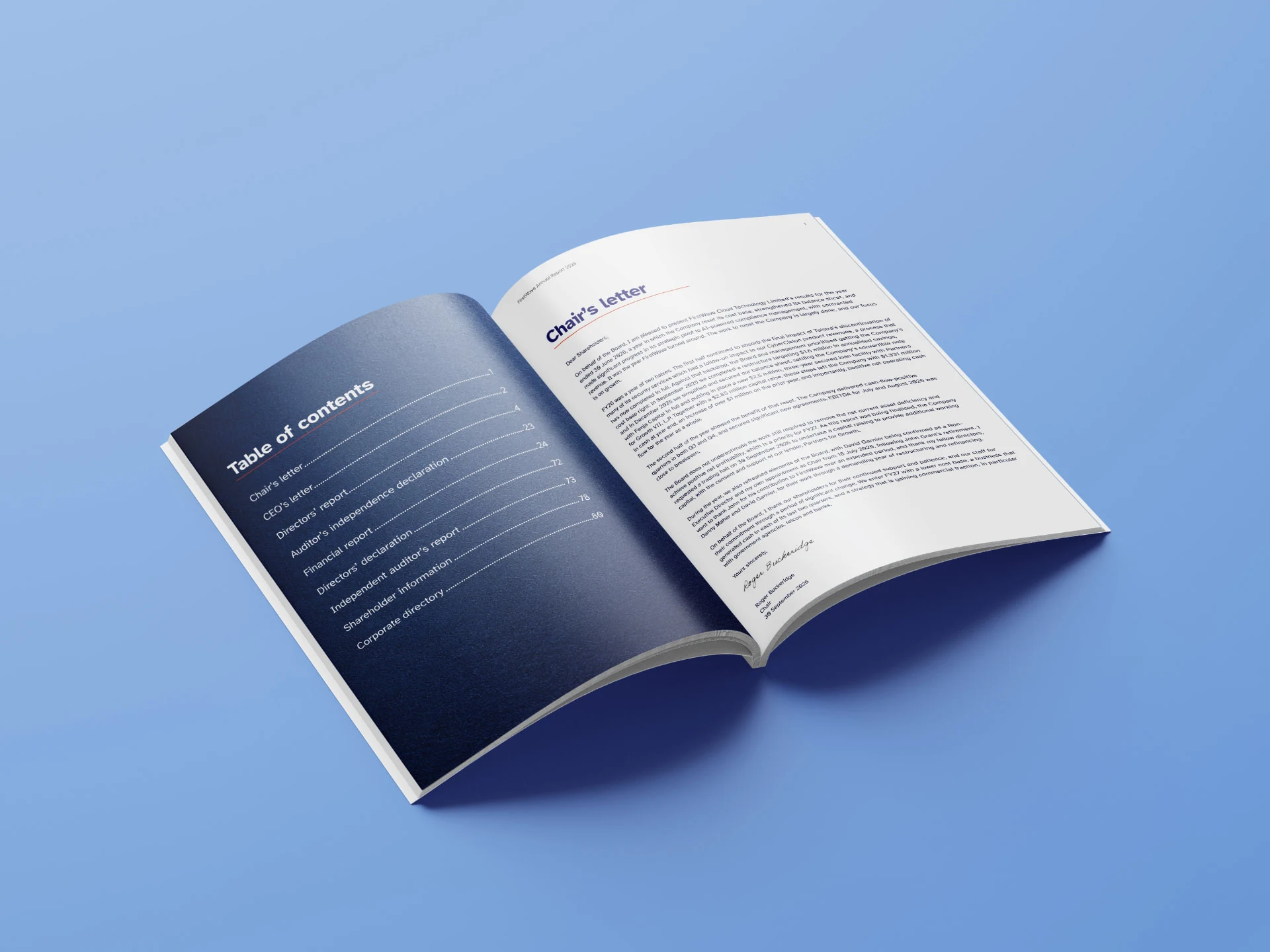 FirstWave Annual Report 2026 contents page and Chair’s letter, with clear editorial hierarchy and a navy section opener