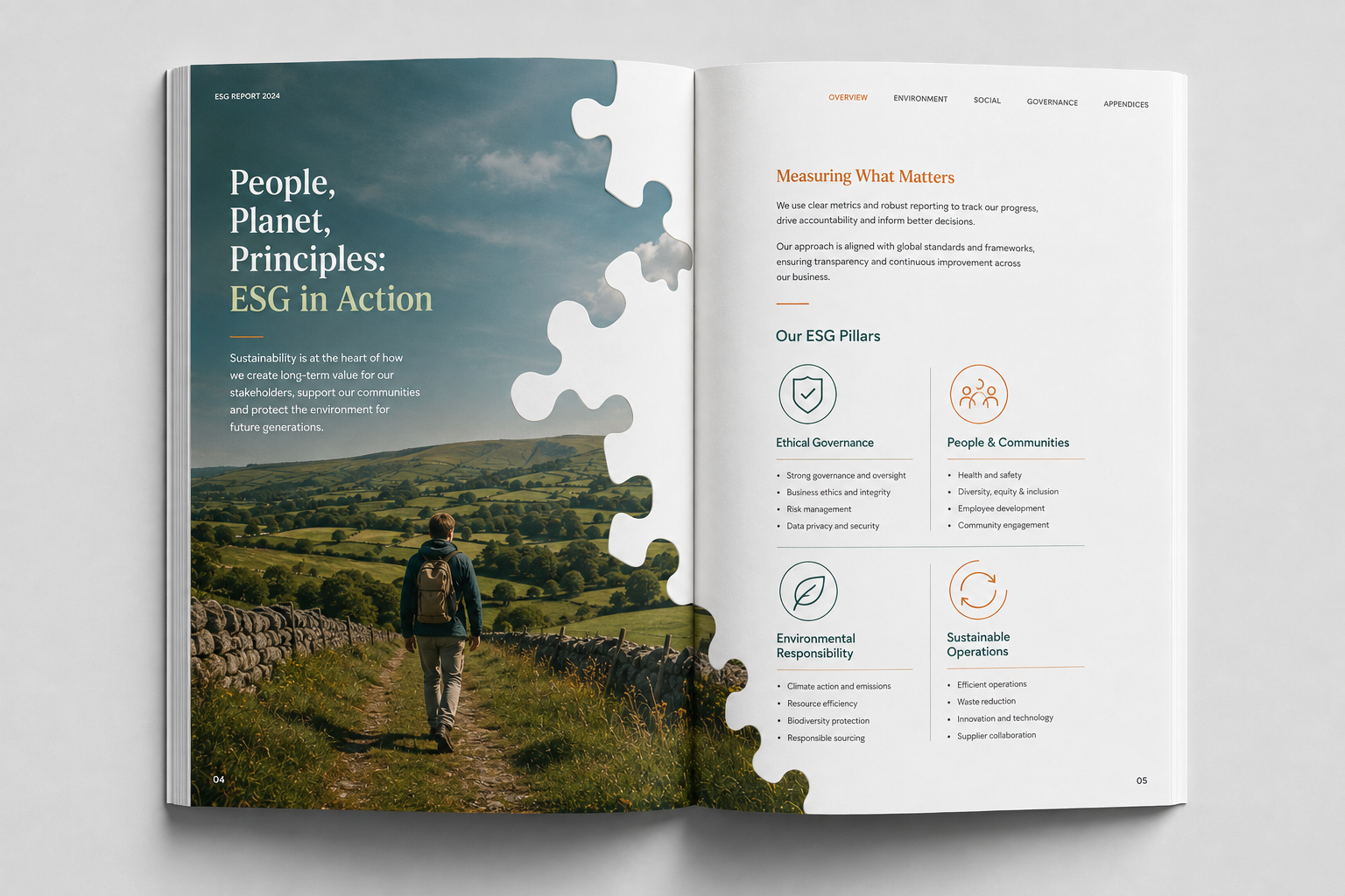 ESG report design mockup — open report spread with a hiker in the Irish countryside and a People, Planet, Principles ESG overview, designed by Pixelo Design