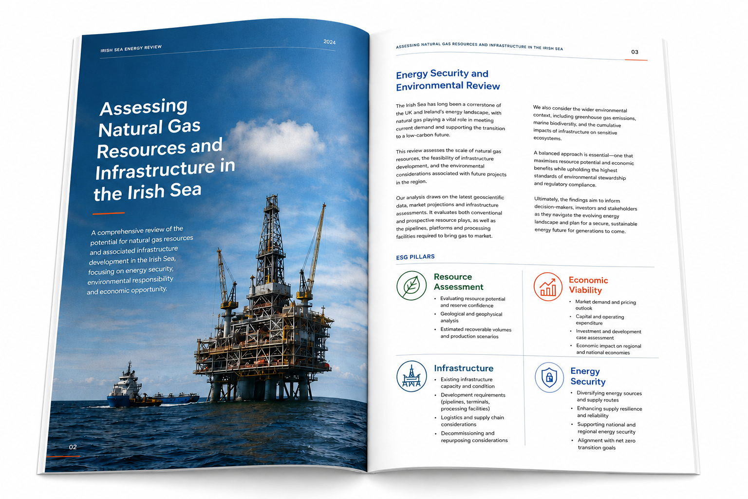 Government report design for Irish public bodies — open report spread with clear information design, data visualisation and official publication layout by Pixelo Design