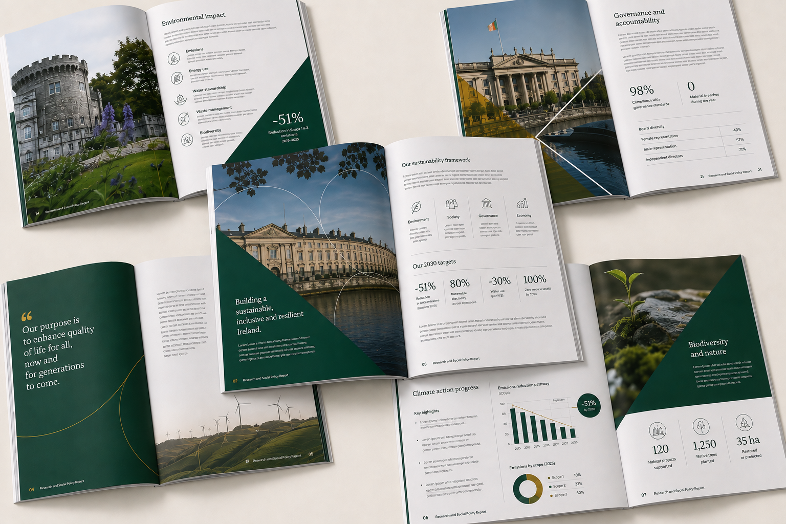 Government report spreads for an Irish public body showing governance, sustainability and performance pages designed by Pixelo Design