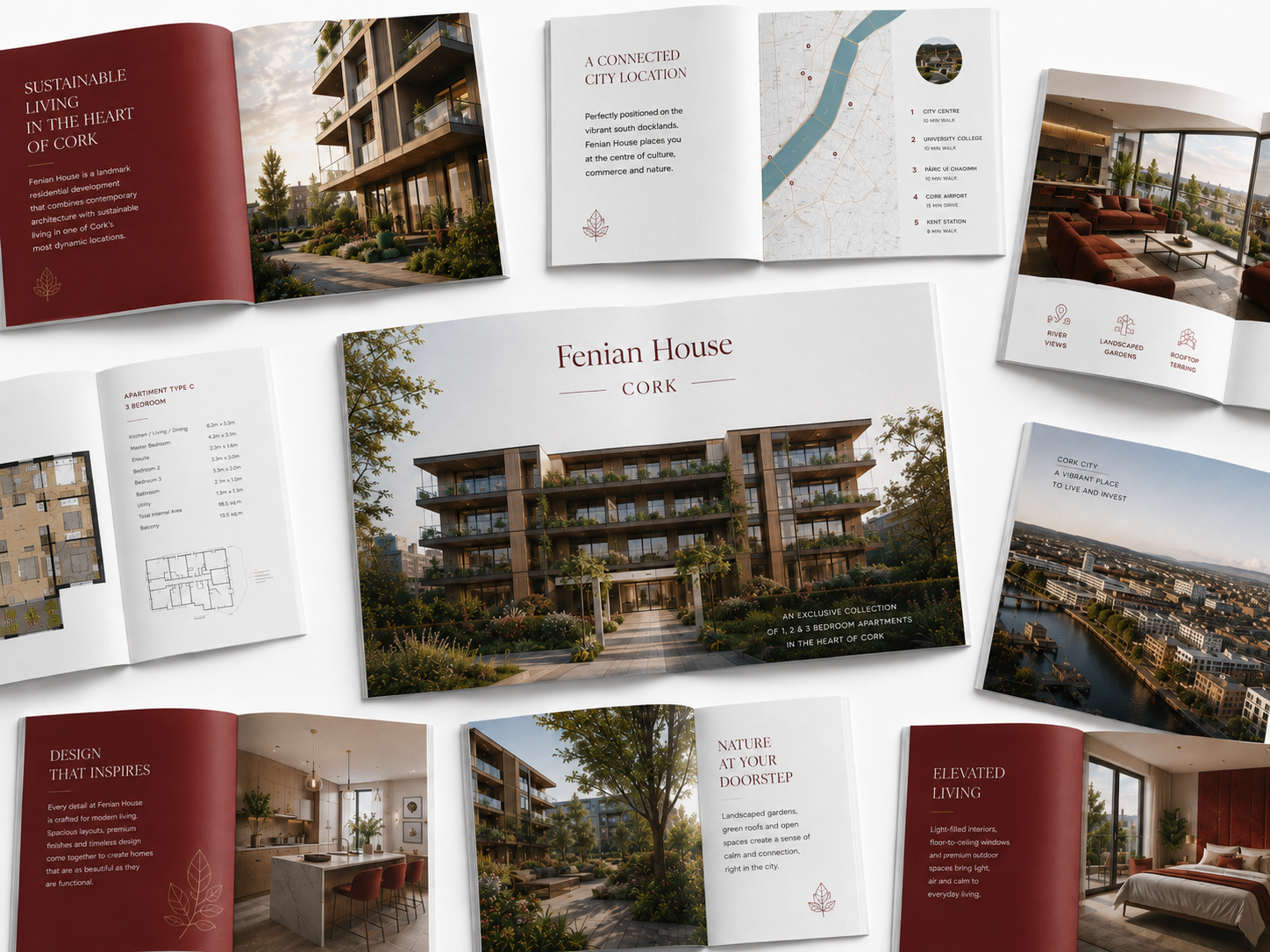 Property brochure design for Fenian House, Cork — burgundy cover, apartment floor plans, location map and interior photography spreads by Pixelo Design