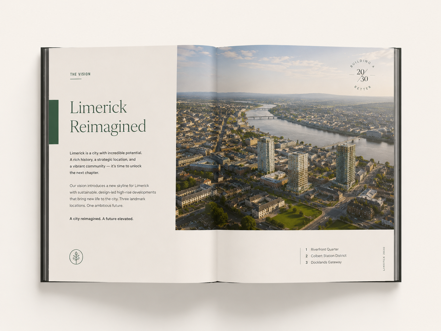 Property brochure spread titled Limerick Reimagined showing an aerial CGI view of new riverside high-rise developments in Limerick, designed by Pixelo Design