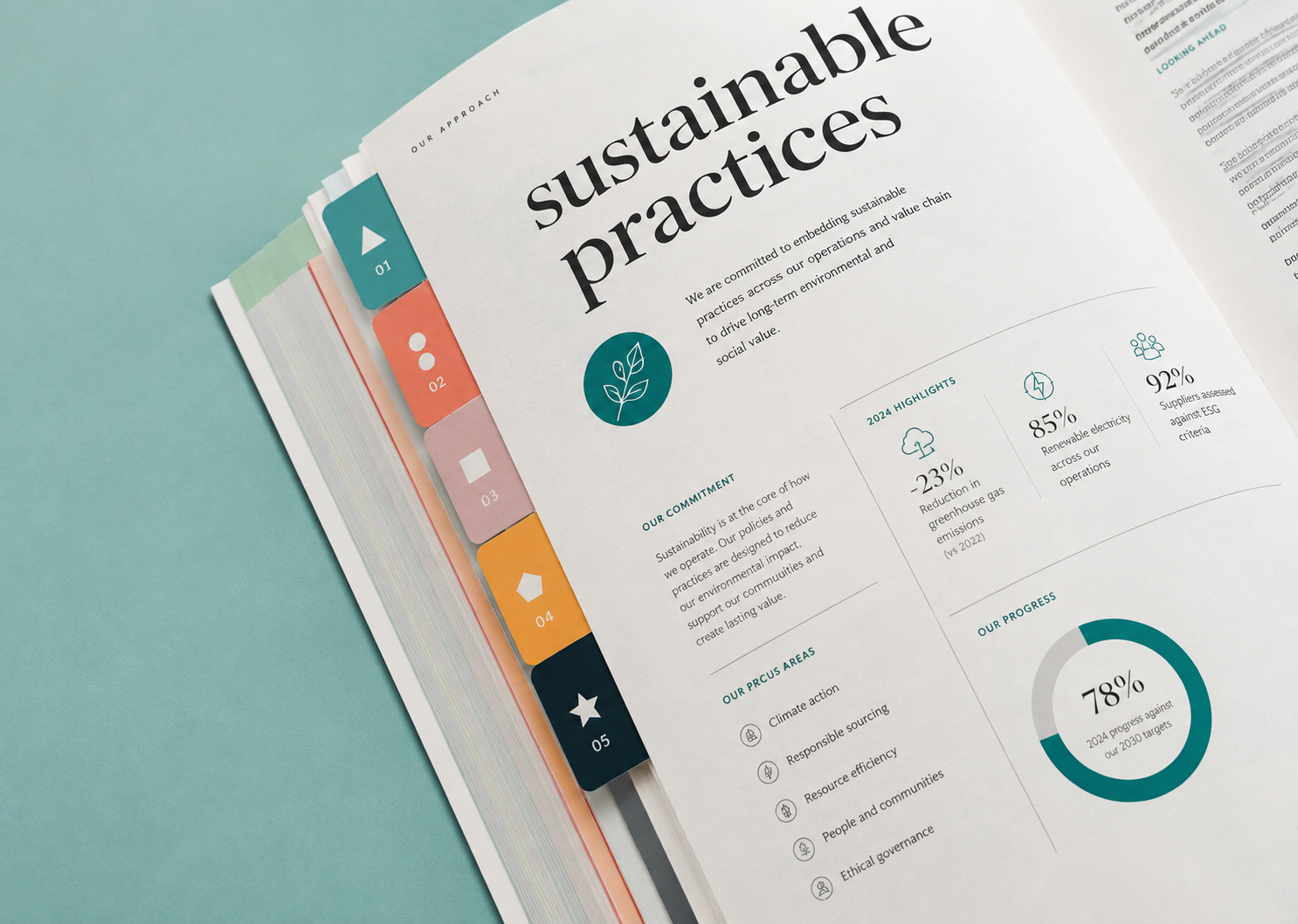 Sustainability report spread showing ESG metrics, infographics and 2024 highlights with clean data visualisation by Pixelo Design