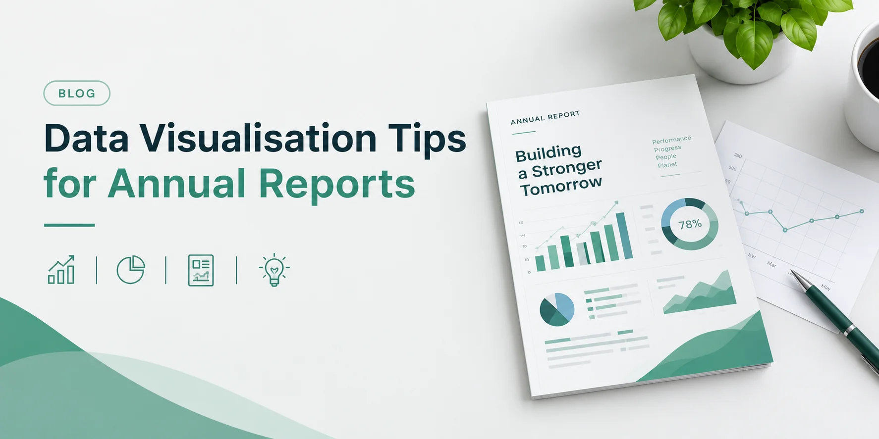 Illustration of an annual report cover featuring bar charts, a line graph and a donut chart beside the title Data Visualisation Tips for Annual Reports