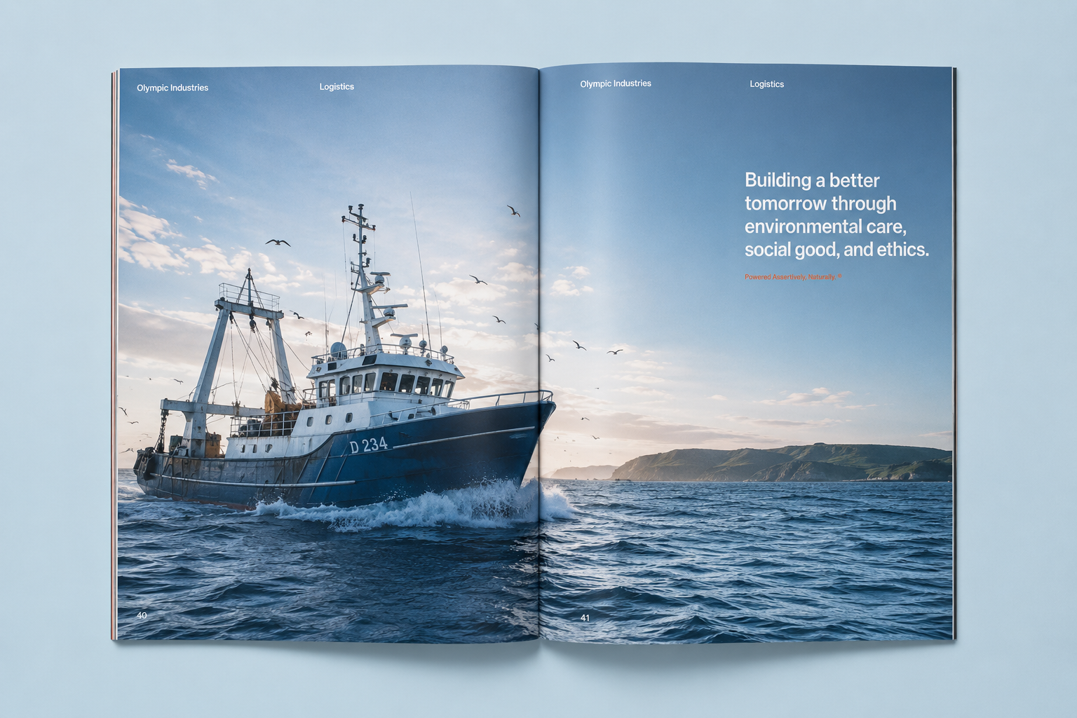 ESG report designer work — open report spread showing an Irish fishing vessel at sea alongside an environmental, social and ethics statement, designed by Pixelo Design