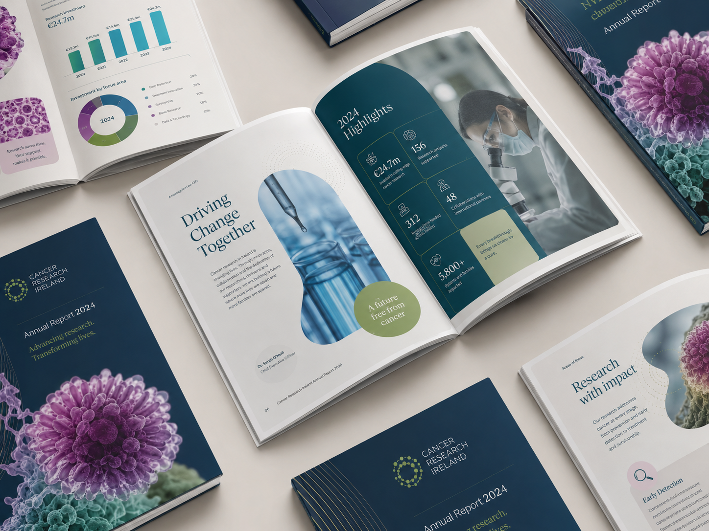 Annual report design showing covers and internal spreads by Pixelo Design