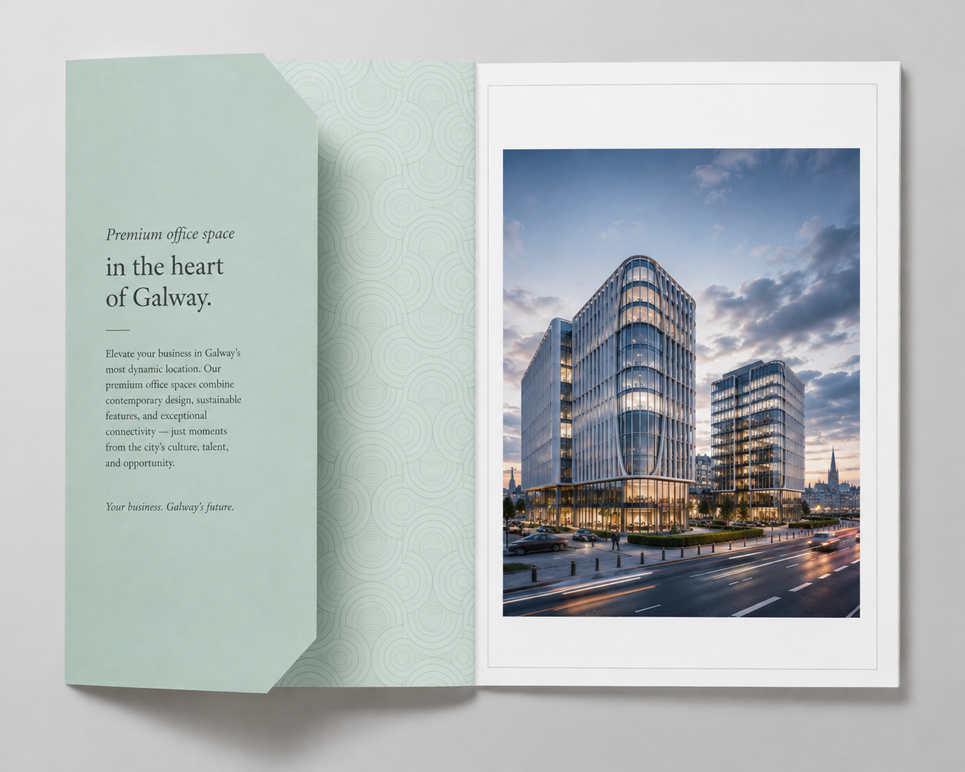Commercial property brochure spread titled Premium office space in the heart of Galway, with a sage green cover panel and a dusk render of a curved glass office building, designed by Pixelo Design