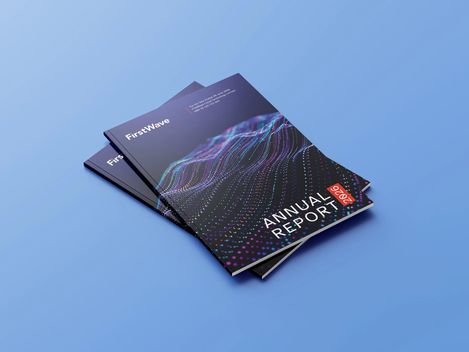 FirstWave Annual Report 2026 covers featuring a colourful digital wave on a dark background, designed by Pixelo Design