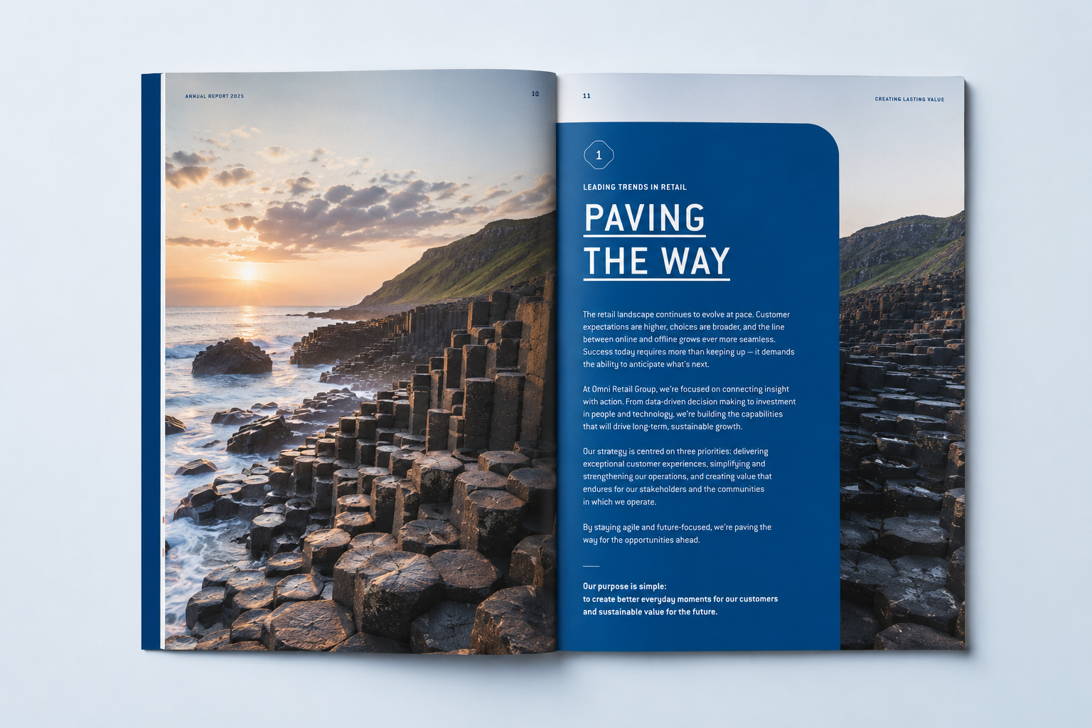 ESG report design Dublin — open report spread with a Giant's Causeway coastal photograph and a deep blue strategy page, designed by Pixelo Design