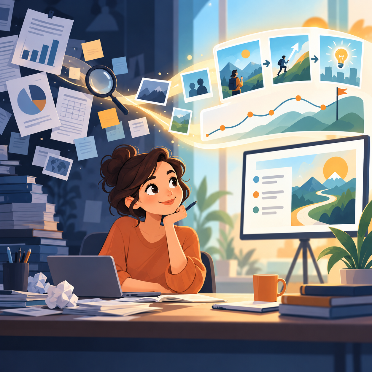 Illustration showing research documents and ideas being turned into a clear visual narrative by Pixelo Design
