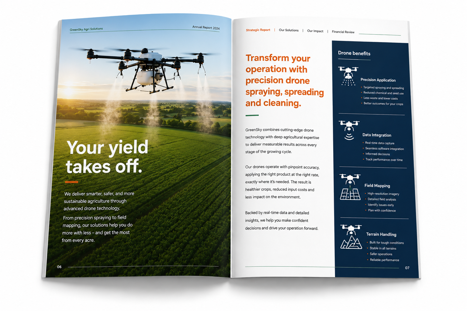 Open accessible report spread showing clean information design, clear typography and structured data visualisation for an Irish organisation