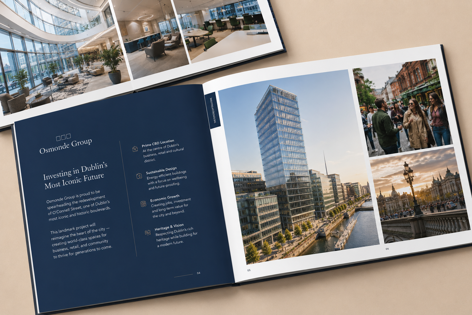 Property brochure spread for Osmonde Group titled Investing in Dublin's Most Iconic Future, with a navy text page facing docklands tower photography and Dublin street scenes, designed by Pixelo Design