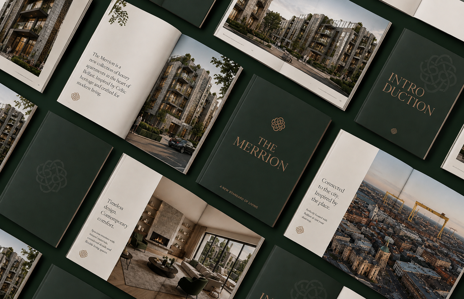 Luxury property brochure design for The Merrion, Belfast — dark green cover with gold Celtic monogram, architectural CGI spreads and interior photography by Pixelo Design
