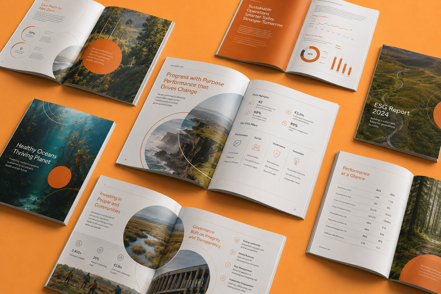 Sustainability report design spread — open report pages showing environmental strategy, progress metrics and Irish landscape photography, designed by Pixelo Design