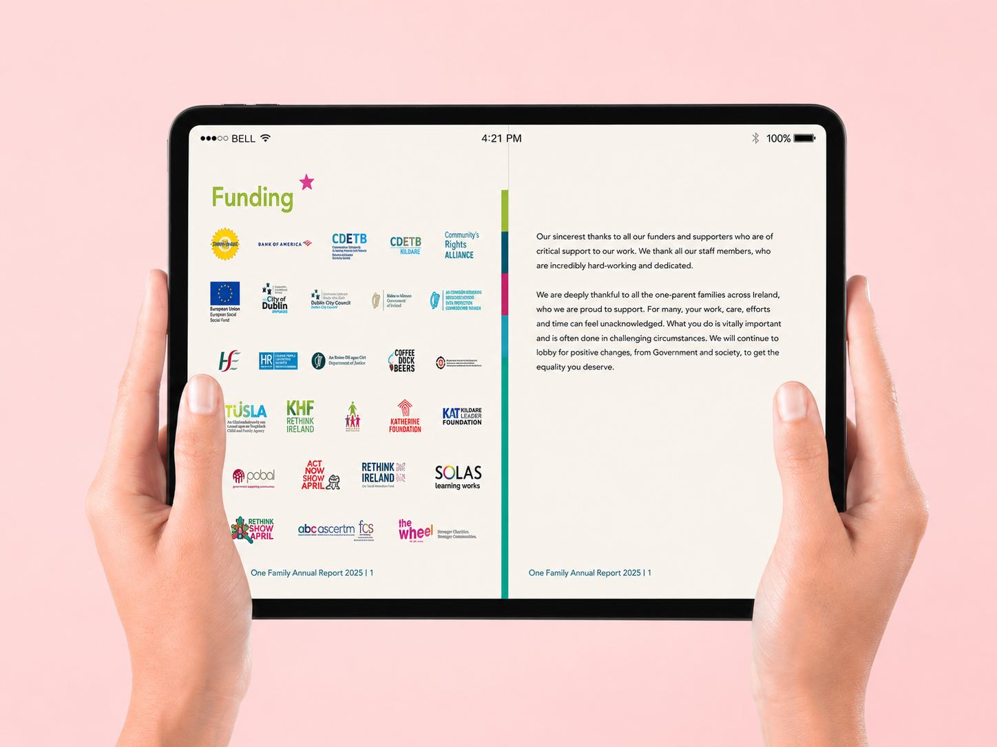 One Family Annual Report 2025 funding spread on a tablet, showing funder logos alongside acknowledgements