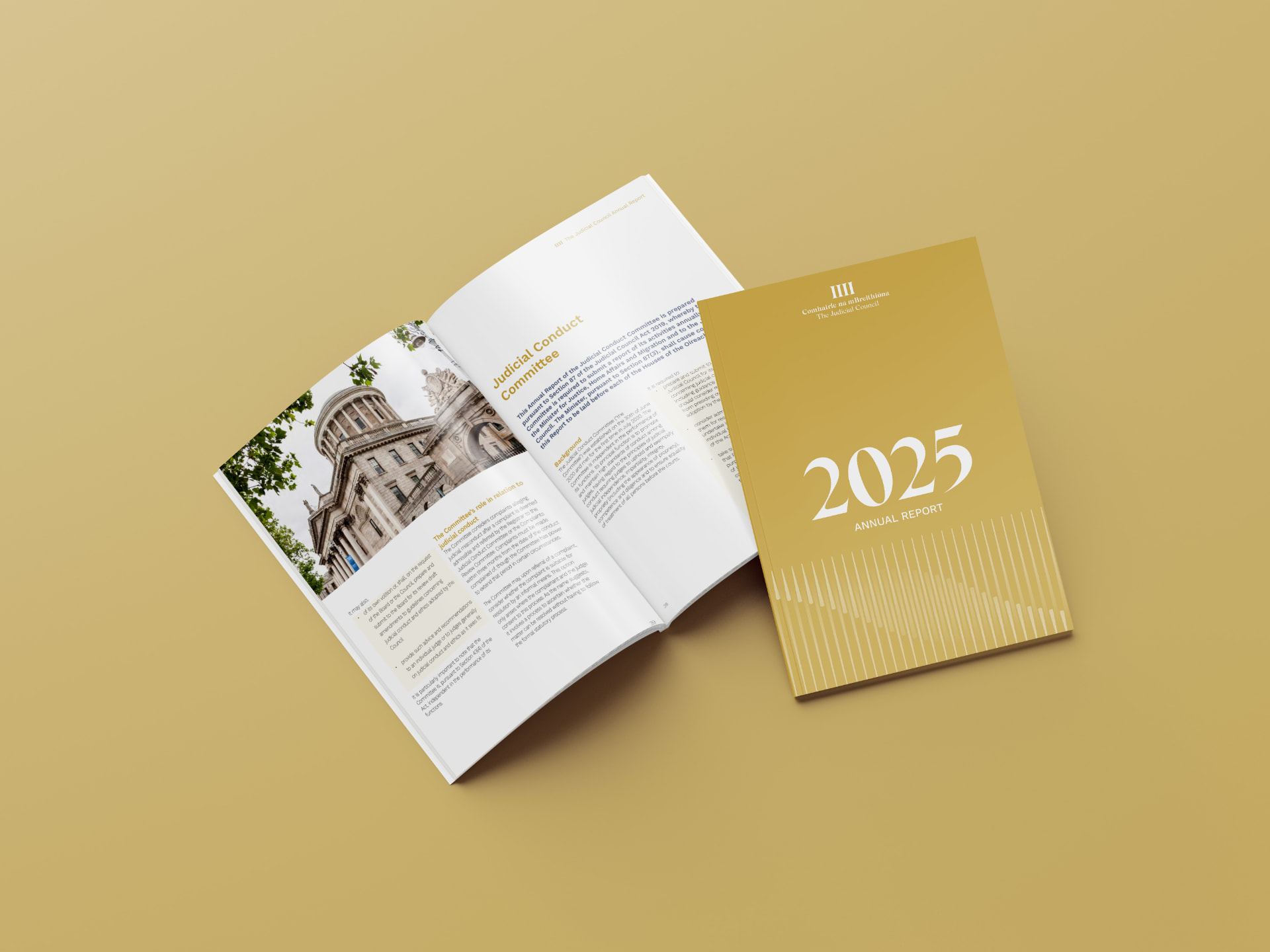 Judicial Council Annual Report 2025 gold cover beside an open Judicial Conduct Committee spread