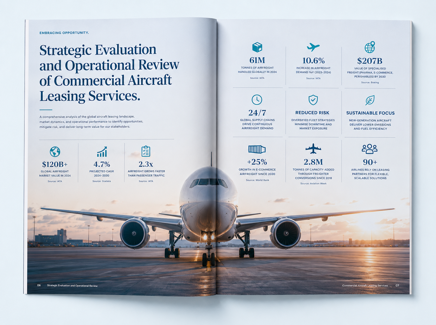 ESG report designer Ireland — open report spread with a strategic evaluation headline, icon-led performance statistics and a full-bleed aircraft photograph, designed by Pixelo Design