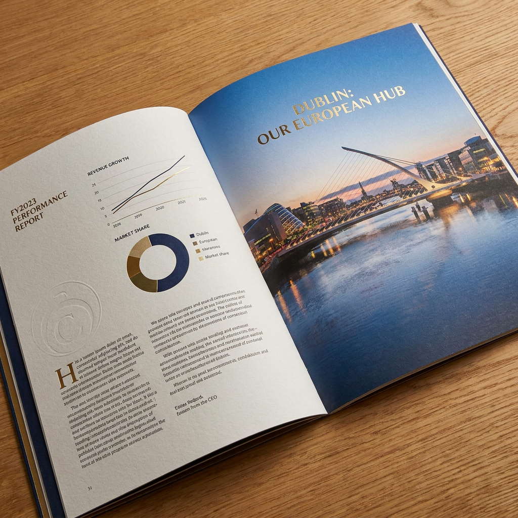 Annual report spread with revenue growth chart, market share donut chart and a Dublin skyline feature page, designed by Pixelo Design