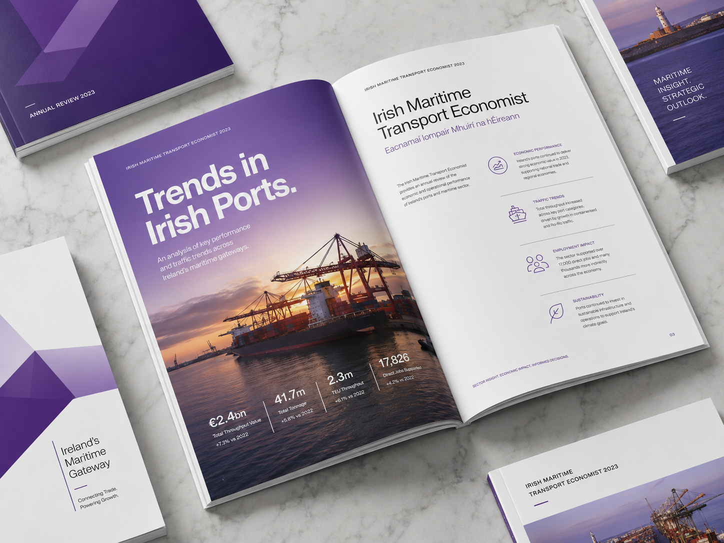 Maritime annual report design with data visualisation and editorial spreads by Pixelo Design