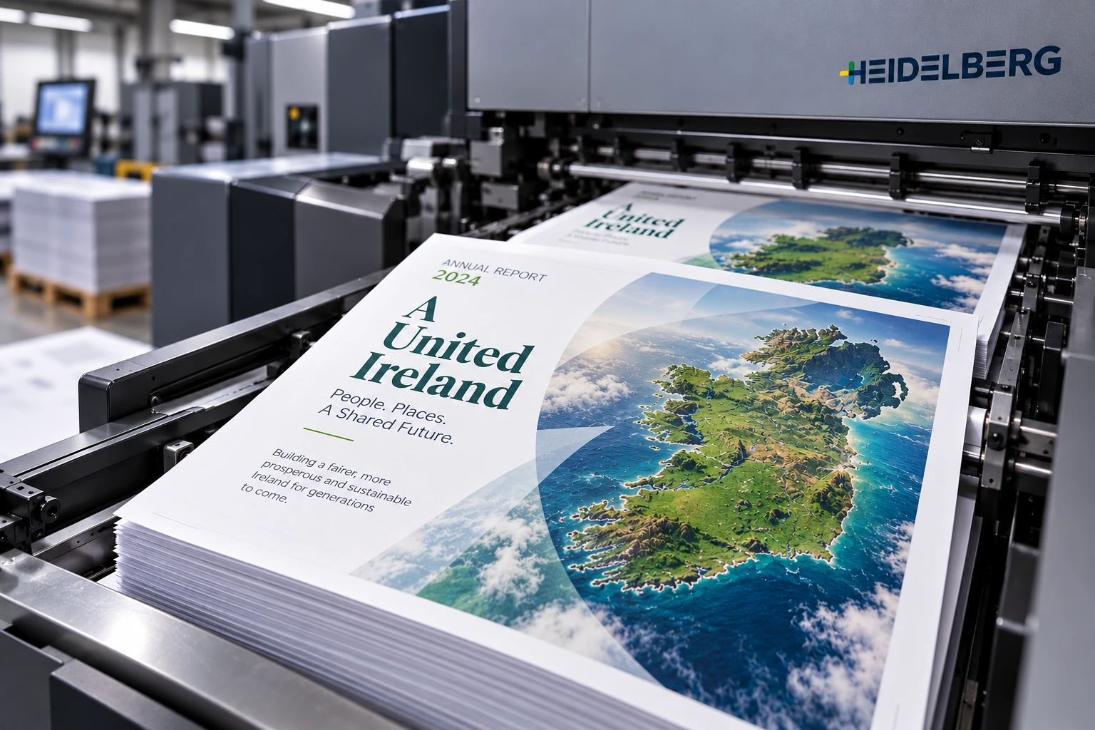 Illustration of annual report cover sheets featuring a map of Ireland on a Heidelberg printing press