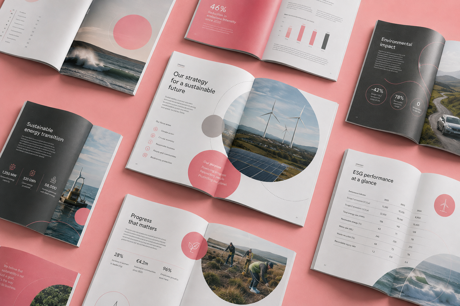 Sustainability report design spreads with renewable energy, wind turbines and clean data visualisations by Pixelo Design