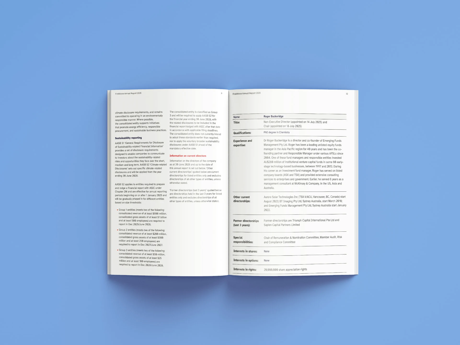 FirstWave Annual Report 2026 governance spread with sustainability reporting disclosures and a structured director profile