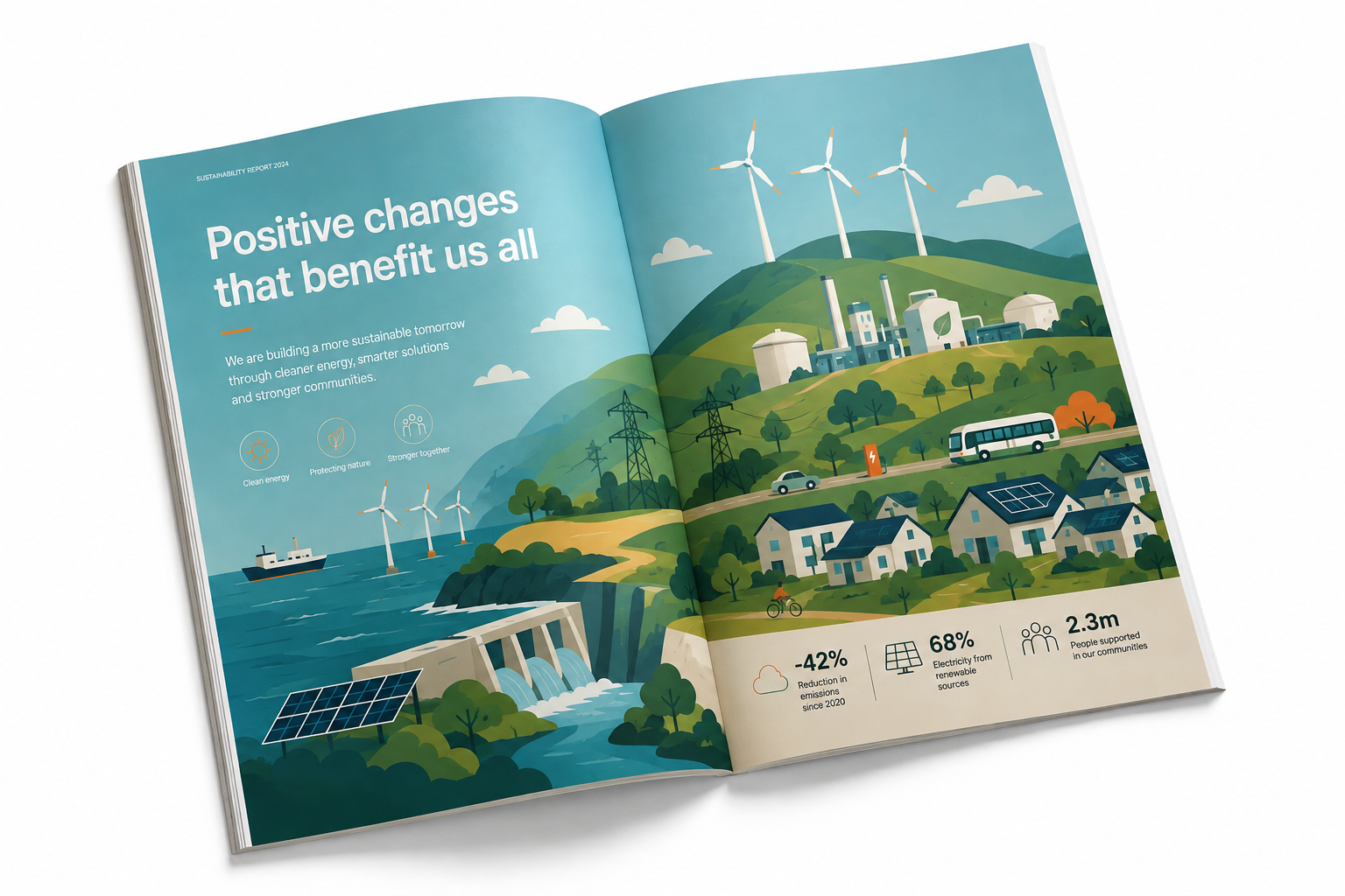 Open sustainability report spread for an Irish organisation — clean energy, wind turbines, coastal landscape, homes and ESG data visualisations designed by Pixelo
