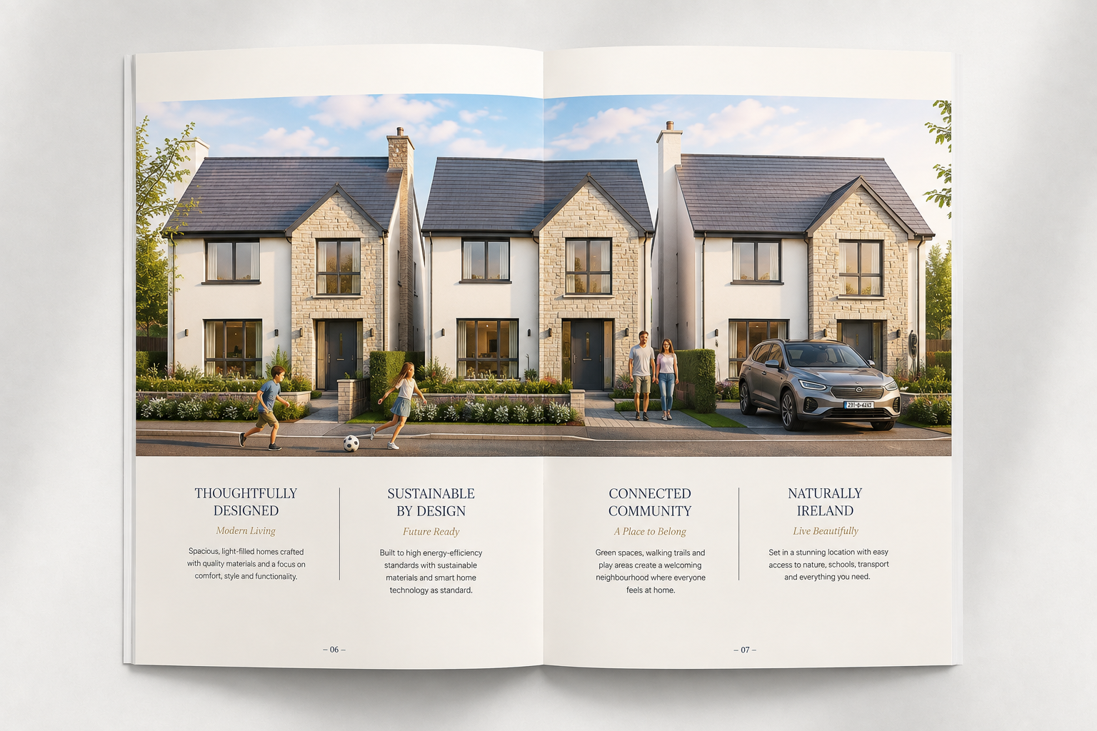 Property brochure spread showing a CGI street scene of new stone-fronted family homes in a Cork development with feature panels on design, sustainability and community, designed by Pixelo Design