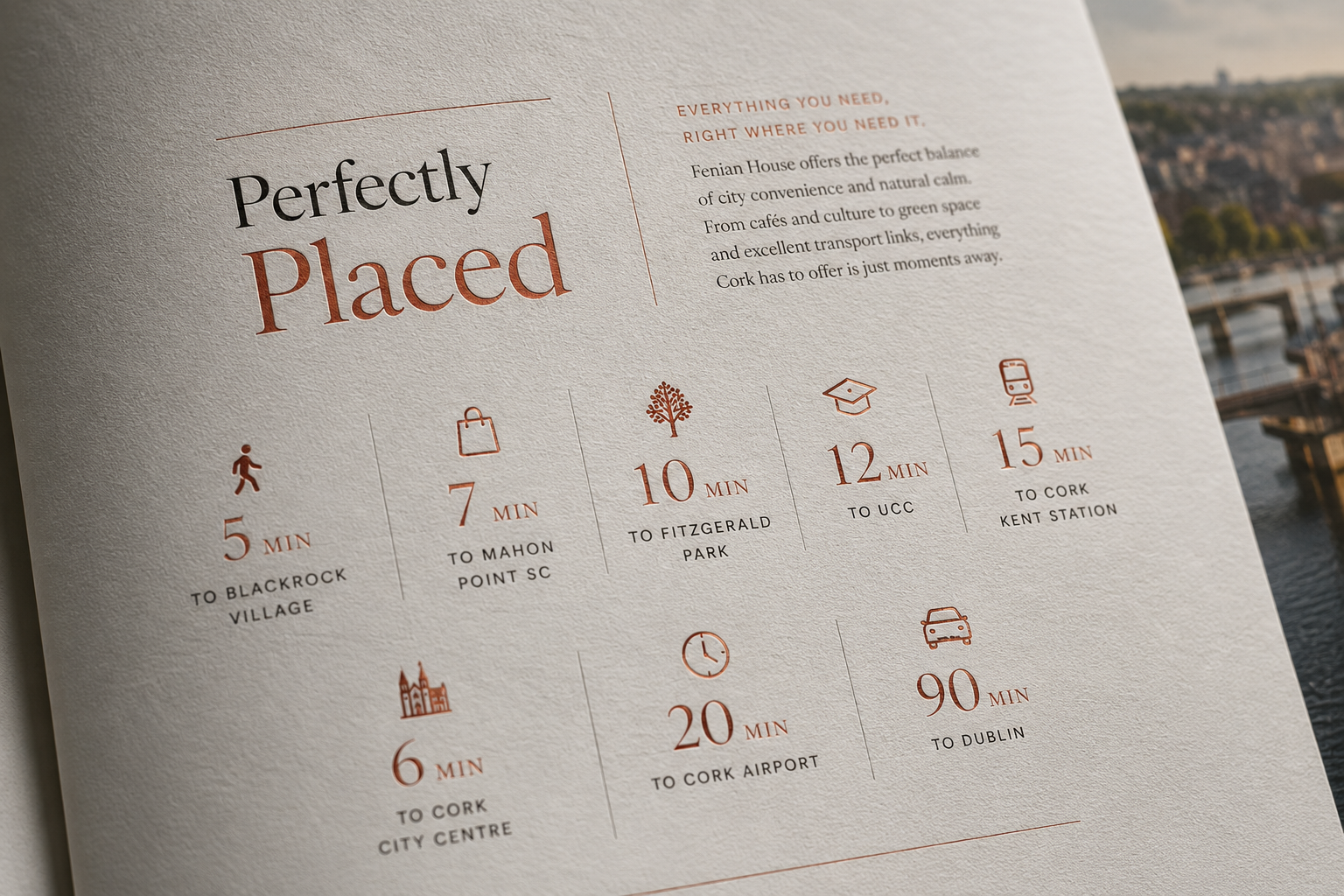 Property brochure infographic page titled Perfectly Placed showing copper-foil icons and travel times to Cork landmarks, designed by Pixelo Design