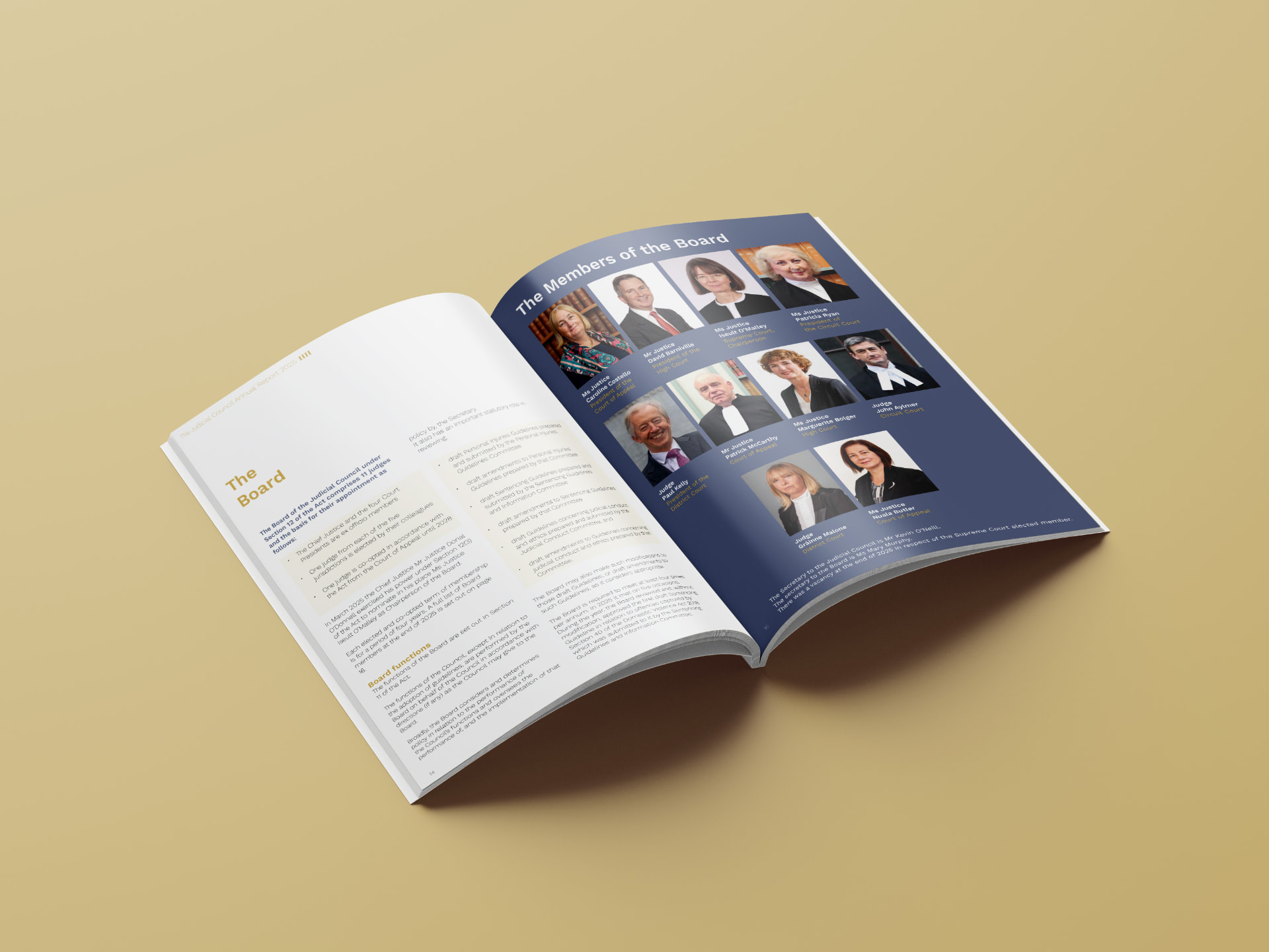 Board spread from the Judicial Council Annual Report 2025 with member portraits on a navy background