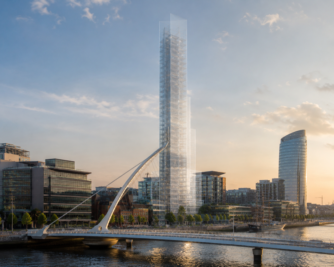 Architectural CGI render of a landmark waterfront residential tower in Dublin docklands, used in property brochure imagery by Pixelo Design