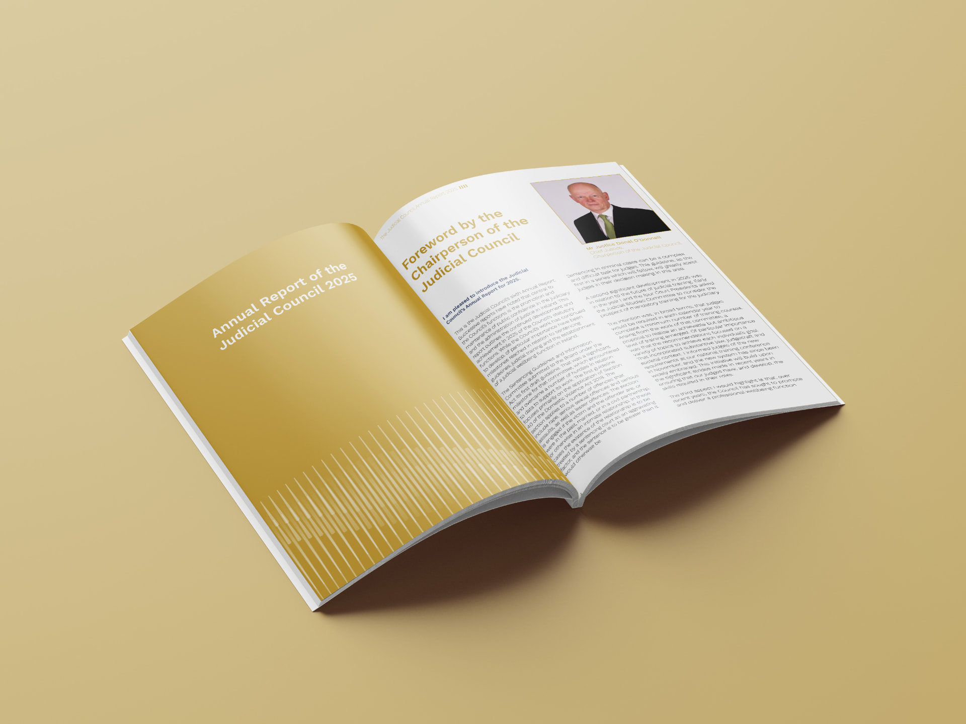 Judicial Council annual report spreads with gold accents and a structured editorial layout