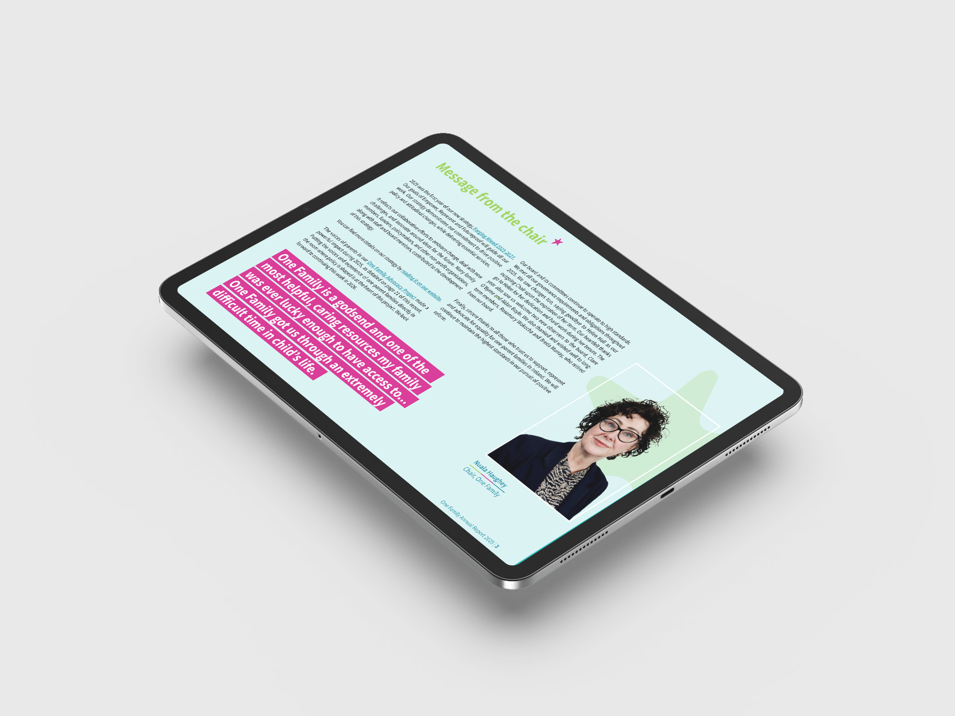 One Family Annual Report 2025 Message from the Chair page on a tablet, with a pull quote and portrait