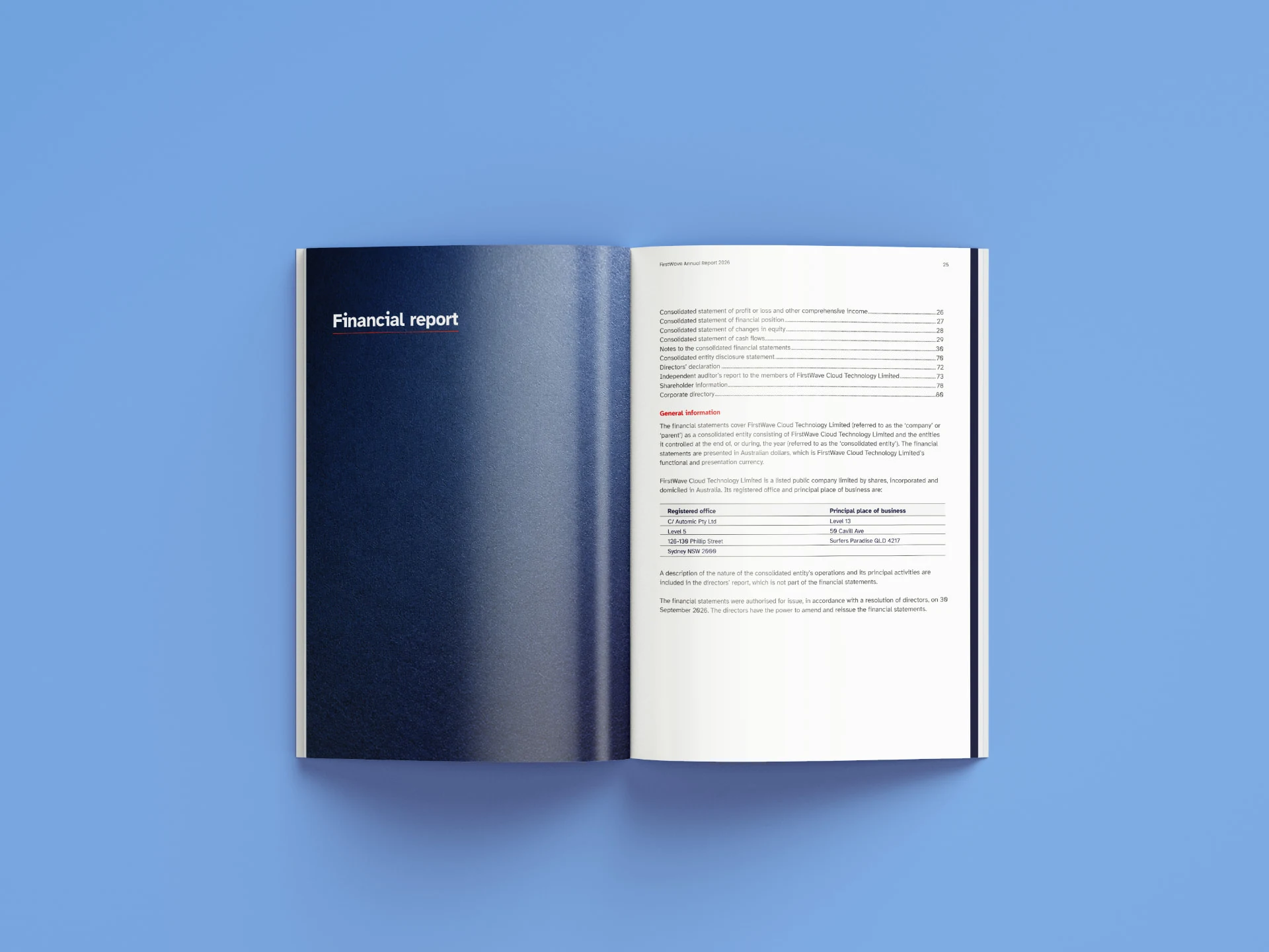 FirstWave Annual Report 2026 financial report opener and general information page with structured tables